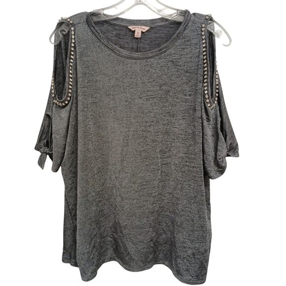 Juicy Couture Rhinestone Cold Shoulder Top M Gray Short Tie DIAMONDS Sleeves - Picture 4 of 16